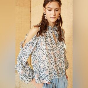 Ulla Johnson Dunia Silk Chiffon Top in Blanc White Pink Cold Shoulder V-Neck 0